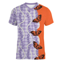 Kamehameha Butterfly Palaka Hawaii Women V-Neck T-Shirt Pulelehua Honohono Pikake Lei