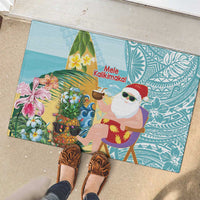 Aloha Hawaii Mele Kalikimaka Rubber Doormat Chilling Santa With Pineapple - Polynesian Pattern