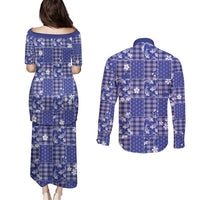 Blue Palaka Japanese Patterns Couples Matching Puletasi and Long Sleeve Button Shirt Koi Fish Asanoha Sakura Patchwork Stylized - Polynesian Pride