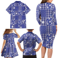 Blue Palaka Japanese Patterns Family Matching Long Sleeve Bodycon Dress and Hawaiian Shirt Koi Fish Asanoha Sakura Patchwork Stylized - Polynesian Pride