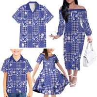 Blue Palaka Japanese Patterns Family Matching Off The Shoulder Long Sleeve Dress and Hawaiian Shirt Koi Fish Asanoha Sakura Patchwork Stylized - Polynesian Pride