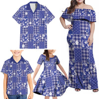 Blue Palaka Japanese Patterns Family Matching Off Shoulder Maxi Dress and Hawaiian Shirt Koi Fish Asanoha Sakura Patchwork Stylized - Polynesian Pride