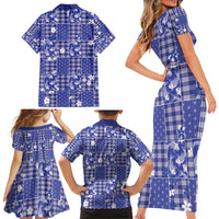 Blue Palaka Japanese Patterns Family Matching Short Sleeve Bodycon Dress and Hawaiian Shirt Koi Fish Asanoha Sakura Patchwork Stylized - Polynesian Pride