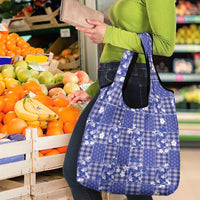 Blue Palaka Japanese Patterns Grocery Bag Koi Fish Asanoha Sakura Patchwork Stylized - Polynesian Pride