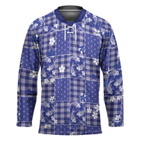 Blue Palaka Japanese Patterns Hockey Jersey Koi Fish Asanoha Sakura Patchwork Stylized - Polynesian Pride
