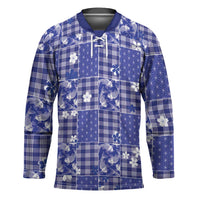Blue Palaka Japanese Patterns Hockey Jersey Koi Fish Asanoha Sakura Patchwork Stylized - Polynesian Pride