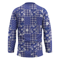 Blue Palaka Japanese Patterns Hockey Jersey Koi Fish Asanoha Sakura Patchwork Stylized - Polynesian Pride