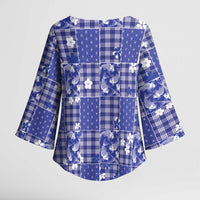 Blue Palaka Japanese Patterns Kimono Sleeve Blouse Koi Fish Asanoha Sakura Patchwork Stylized - Polynesian Pride