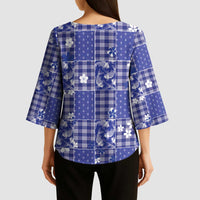 Blue Palaka Japanese Patterns Kimono Sleeve Blouse Koi Fish Asanoha Sakura Patchwork Stylized - Polynesian Pride