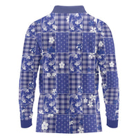 Blue Palaka Japanese Patterns Long Sleeve Polo Shirt Koi Fish Asanoha Sakura Patchwork Stylized - Polynesian Pride