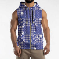 Blue Palaka Japanese Patterns Sleeveless Zip Hoodie Koi Fish Asanoha Sakura Patchwork Stylized - Polynesian Pride