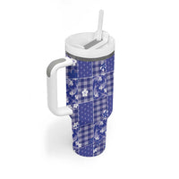 Blue Palaka Japanese Patterns Tumbler With Handle Koi Fish Asanoha Sakura Patchwork Stylized - Polynesian Pride