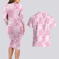Pink Palaka Japanese Patterns Couples Matching Long Sleeve Bodycon Dress and Hawaiian Shirt Koi Fish Asanoha Sakura Patchwork Stylized LT14 - Polynesian Pride