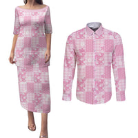 Pink Palaka Japanese Patterns Couples Matching Puletasi and Long Sleeve Button Shirt Koi Fish Asanoha Sakura Patchwork Stylized - Polynesian Pride