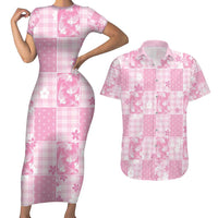 Pink Palaka Japanese Patterns Couples Matching Short Sleeve Bodycon Dress and Hawaiian Shirt Koi Fish Asanoha Sakura Patchwork Stylized LT14 Pink - Polynesian Pride