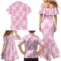 Pink Palaka Japanese Patterns Family Matching Mermaid Dress and Hawaiian Shirt Koi Fish Asanoha Sakura Patchwork Stylized - Polynesian Pride