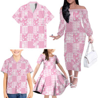 Pink Palaka Japanese Patterns Family Matching Off The Shoulder Long Sleeve Dress and Hawaiian Shirt Koi Fish Asanoha Sakura Patchwork Stylized - Polynesian Pride