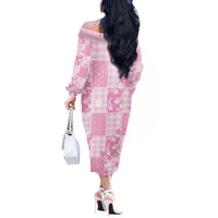 Pink Palaka Japanese Patterns Off The Shoulder Long Sleeve Dress Koi Fish Asanoha Sakura Patchwork Stylized - Polynesian Pride