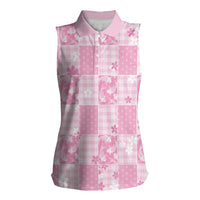 Pink Palaka Japanese Patterns Women Sleeveless Polo Shirt Koi Fish Asanoha Sakura Patchwork Stylized - Polynesian Pride