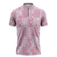 Pink Palaka Japanese Patterns Zipper Polo Shirt Koi Fish Asanoha Sakura Patchwork Stylized - Polynesian Pride