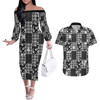 Black Palaka Japanese Patterns Couples Matching Off The Shoulder Long Sleeve Dress and Hawaiian Shirt Koi Fish Asanoha Sakura Patchwork Stylized - Polynesian Pride