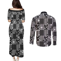 Black Palaka Japanese Patterns Couples Matching Puletasi and Long Sleeve Button Shirt Koi Fish Asanoha Sakura Patchwork Stylized - Polynesian Pride