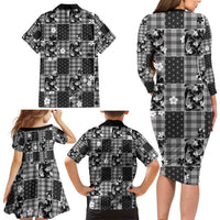 Black Palaka Japanese Patterns Family Matching Long Sleeve Bodycon Dress and Hawaiian Shirt Koi Fish Asanoha Sakura Patchwork Stylized - Polynesian Pride