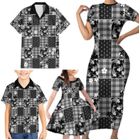 Black Palaka Japanese Patterns Family Matching Short Sleeve Bodycon Dress and Hawaiian Shirt Koi Fish Asanoha Sakura Patchwork Stylized - Polynesian Pride