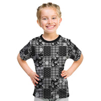 Black Palaka Japanese Patterns Kid T Shirt Koi Fish Asanoha Sakura Patchwork Stylized - Polynesian Pride