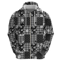 Black Palaka Japanese Patterns Zip Hoodie Koi Fish Asanoha Sakura Patchwork Stylized - Polynesian Pride