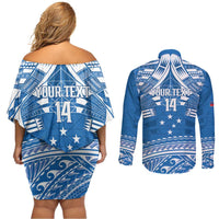Toa Samoa Rugby Custom Couples Matching Off Shoulder Short Dress and Long Sleeve Button Shirt Uso aso uma Samoan Pattern Blue - Polynesian Pride