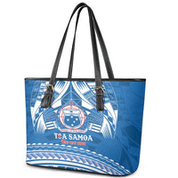 Toa Samoa Rugby Custom Leather Tote Bag Uso aso uma Samoan Pattern Blue - Polynesian Pride