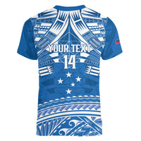 Toa Samoa Rugby Custom Women V-Neck T-Shirt Uso aso uma Samoan Pattern Blue - Polynesian Pride