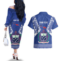 Personalised Samoa 685 Couples Matching Off The Shoulder Long Sleeve Dress and Hawaiian Shirt Samoan Pride Coat Of Arms - Polynesian Pride