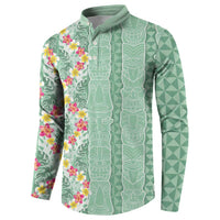 Menthol Green Aloha Hawaii Tiki Button Sweatshirt Tropical Plumeria - Seamless Style