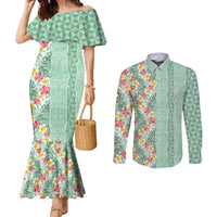 Menthol Green Aloha Hawaii Tiki Couples Matching Mermaid Dress and Long Sleeve Button Shirt Tropical Plumeria - Seamless Style