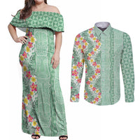 Menthol Green Aloha Hawaii Tiki Couples Matching Off Shoulder Maxi Dress and Long Sleeve Button Shirt Tropical Plumeria - Seamless Style