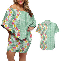Menthol Green Aloha Hawaii Tiki Couples Matching Off Shoulder Short Dress and Hawaiian Shirt Tropical Plumeria - Seamless Style