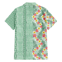 Menthol Green Aloha Hawaii Tiki Family Matching Off Shoulder Short Dress and Hawaiian Shirt Tropical Plumeria - Seamless Style