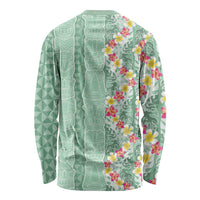 Menthol Green Aloha Hawaii Tiki Long Sleeve Shirt Tropical Plumeria - Seamless Style