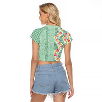 Menthol Green Aloha Hawaii Tiki Raglan Cropped T Shirt Tropical Plumeria - Seamless Style