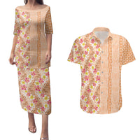 Orange Chiffon Aloha Hawaii Tiki Couples Matching Puletasi and Hawaiian Shirt Tropical Plumeria - Seamless Style
