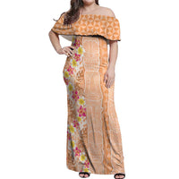 Orange Chiffon Aloha Hawaii Tiki Off Shoulder Maxi Dress Tropical Plumeria - Seamless Style