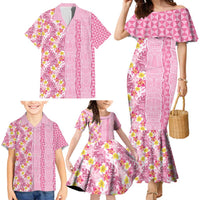 Pastel Magenta Aloha Hawaii Tiki Family Matching Mermaid Dress and Hawaiian Shirt Tropical Plumeria - Seamless Style