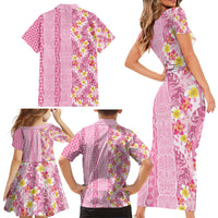 Pastel Magenta Aloha Hawaii Tiki Family Matching Short Sleeve Bodycon Dress and Hawaiian Shirt Tropical Plumeria - Seamless Style