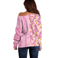 Pastel Magenta Aloha Hawaii Tiki Off Shoulder Sweater Tropical Plumeria - Seamless Style
