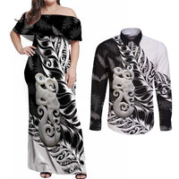 Aotearoa Manaia NZ Maori Silver Fern Couples Matching Off Shoulder Maxi Dress and Long Sleeve Button Shirt