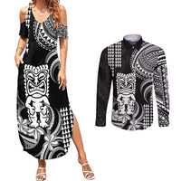 Hawaii Ku God Couples Matching Summer Maxi Dress and Long Sleeve Button Shirt Kakau Mix Polynesian Tattoo