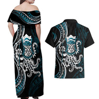 Turquoise Hawaii Kanaloa God Couples Matching Off Shoulder Maxi Dress and Hawaiian Shirt Hawaiian Octopus