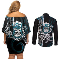 Turquoise Hawaii Kanaloa God Couples Matching Off Shoulder Short Dress and Long Sleeve Button Shirt Hawaiian Octopus